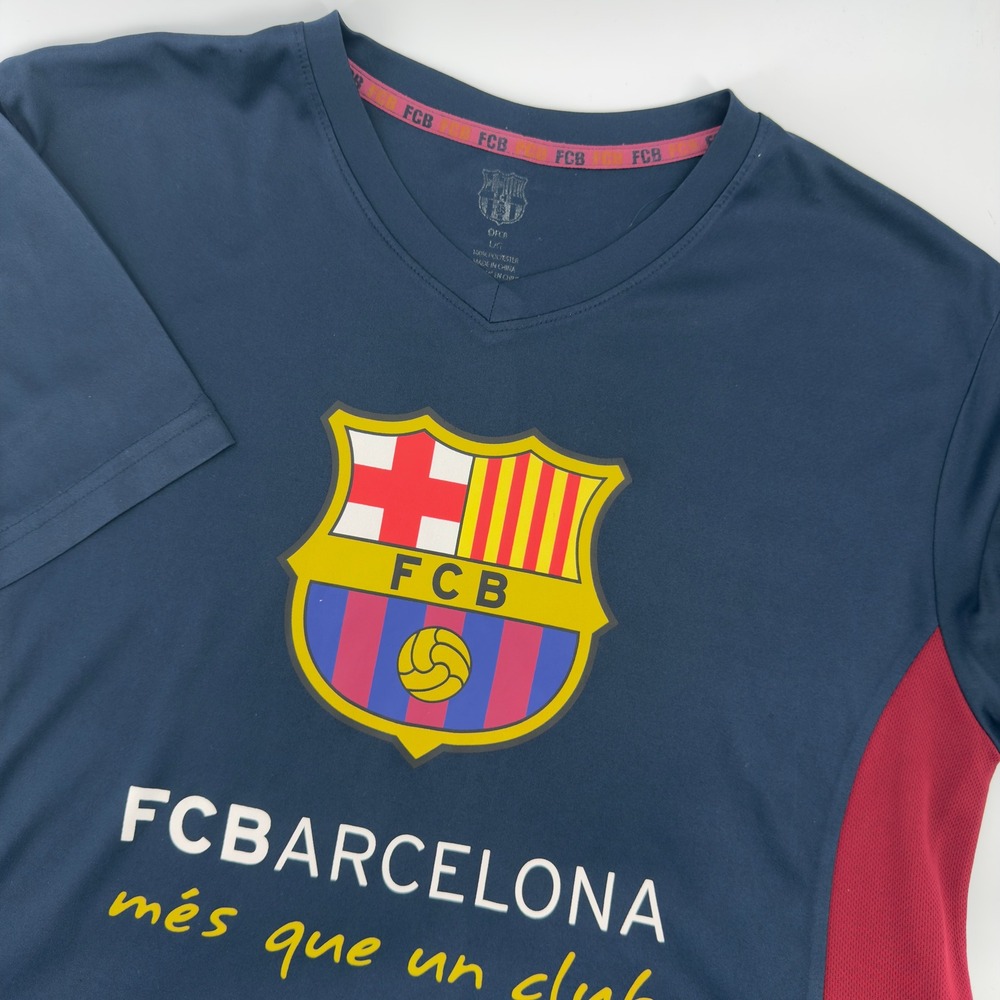 FC Barcelona Mens Navy Blue Soccer Jersey V-Neck Shirt L Mes Que Un Club